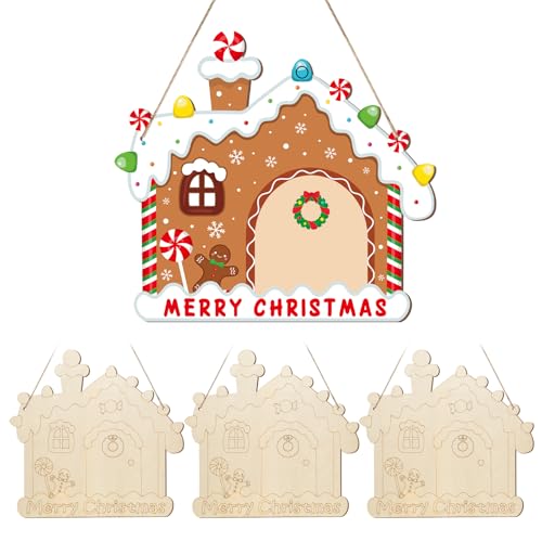 Bemalbare Weihnachtsschmuck, 3 Sets, Weihnachtsschmuck aus Holz zum Bemalen, unlackierte Weihnachtslebkuchenhaus-Kränze, Holzhandwerk zum Bemalen, Ausschnitte DIY Weihnachtsschmuck für Dekoration von Sereliy