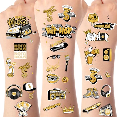 Serencatcher 144pcs Hip Hop Temporäre Tattoos, 90s Hip Hop Party Favors mit Notorious Tattoos Aufkleber für 80s 90s Themed Notorious Big One Geburtstag Party von Serencatcher