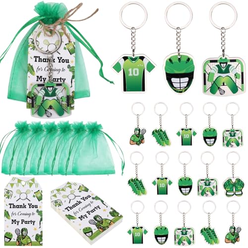 Serencatcher Lacrosse-Partygeschenke, 72 Stück, inklusive Lacrosse-Schlüsselanhänger, Dankesanhänger mit Schnur, grüne Organza-Beutel für Lacrosse-Liebhaber, Geschenke, von Serencatcher