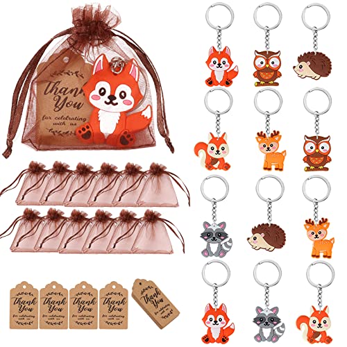 Woodland Animal Party Favors, niedliche Tier-Schlüsselanhänger für Kinder, Kraft-Tags Dankeschön Geschenkanhänger mit String Organza Taschen für Wald-Tier-Themen-Party Woodland Baby-Dusche von Serencatcher