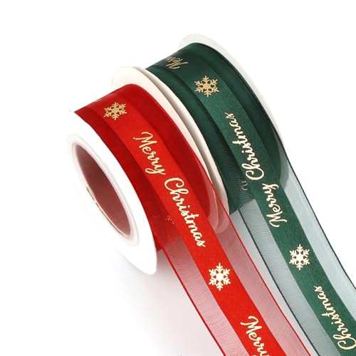 Rotes und grünes Weihnachtsband, 2 Rollen, 2,5 cm, 9,1 m, Weihnachtsband für Geschenkverpackungen für Weihnachtsbaum, Netz, Satinband, Geschenkbänder zum Basteln, Weihnachtsband von SereneGLow