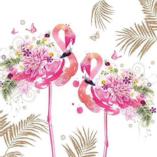 Kaxilu 20 Servietten Flamingos aus Blumen | Tiere | Tischdeko 33x33cm, Weiß mit mehrfarbigem Flamingo-Muster, 1-lagig, 1 stück, Papier, Mittel, Serviette, Tischserviette, Zuhause & Küche von Servietten Tiere