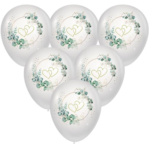 10 Luftballons Hochzeit Herzen um Eukalyptus weiß - Eucalyptus Golden Hearts. Festliche Luftballons Hochzeit Heirat Valentinstag als Dekoration. von Serviettenshop