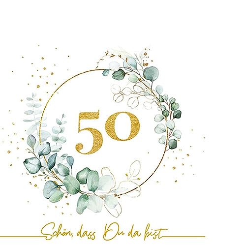 20 kleine Cocktail-Servietten 50 um Eukalyptus gold weiß | Geburtstag | goldene Hochzeit | Jubiläum | Mann | Frau | Schön dass Du da bist | basteln | Decoupage | Serviettentechnik | Tischdeko 25x25cm von Serviettenshop