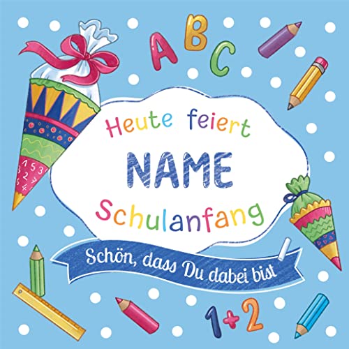 60 Servietten Schulanfang mit Name personalisierbar als Tischdeko zur Einschulung | individuell für Jungen und Mädchen | Farbauswahl | Deutsche Produktion 33x33cm (60, Blau) von Serviettenshop