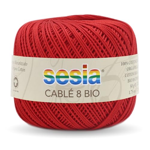 SESIA Cable 8 Bio-Garn, 50 g, 335 m, Nadeln 1 – 1,5, Häkelnadel 1,25, aus 100% gekämmter Baumwolle, gasiert, mercerisiert biologisch (0063 Rot) von Sesia