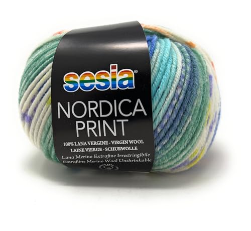 Sesia Nordic Print Strickgarn, 50 g, 125 m, Nadelstärke 4 – 4,5, 100 % Merinowolle, einlaufsicher (2801 Lagune) von Sesia