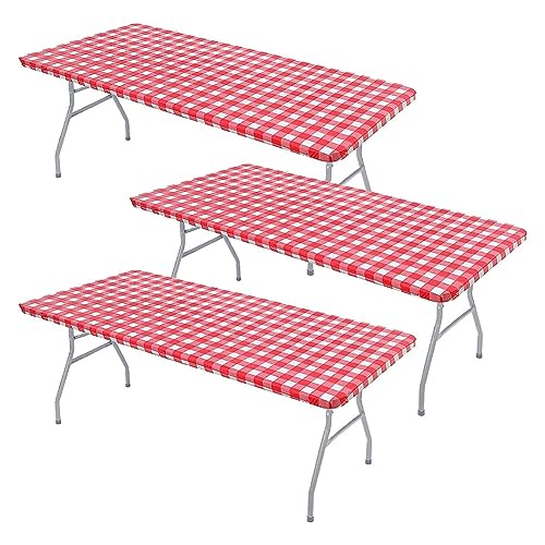 Sessleger Tischdecke, Picknick-Tischdecke, aus Vinyl, elastisch, wasserdicht, dehnbar, mit Flanellfutter (rot), 3 Stück von Sessleger