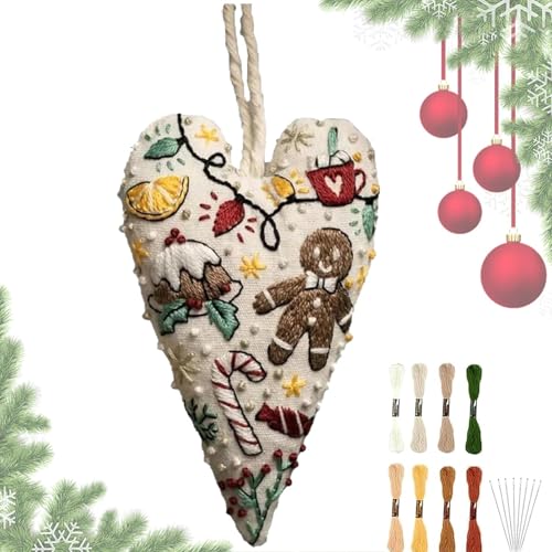 Setauoo Herz Stickerei Weihnachtsdekoration, Weihnachtsherz Stickset, Herz Kreuzstich Sets, Handstickerei Weihnachtsbaum Hängeornament, Herzförmige Handgestickte Weihnachtsornamente von Setauoo