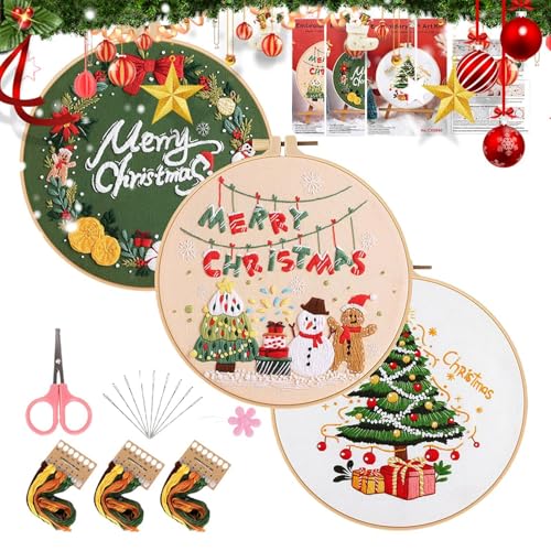 Setauoo Weihnachts-Sticksets für Erwachsene, Handstickset, Frohe Weihnachten-Sticksets mit Mustern, Weihnachtsstrumpf-Ornamente, Bastelsets, Weihnachtszubehör für Bastelliebhaber von Setauoo