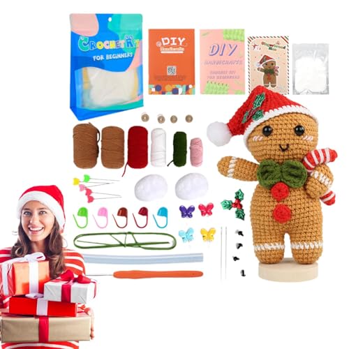 Setauoo Weihnachtshäkelpaket für Anfänger,Weihnachtshäkelpaket Rentier,Häkelpuppen-Materialpaket | Lebkuchenmann, Schneemann, Weihnachtsmann, Elch, Wolle, Bastelmaterialien von Setauoo