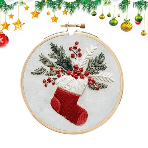 Weihnachts Stickerei Kit, Stickerei Set Anfänger, Stickstiche Übungsset, Stickerei starters Kit Mit Weihnachtsmuster, Weihnachtsstich Set Mit Strumpfmuster Für Handwerk, Sticken von Setauoo