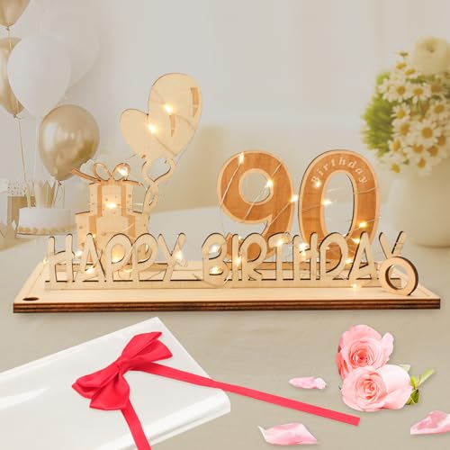 Seutgjie 90 Geburtstag Deko für Mann Frau Geldgeschenke mit LED Lichterkette Fliege und Geschenkpapier Holz Schild Gästebuch 90 Jahre Hochzeitstag Jubiläum Tischdeko von Seutgjie