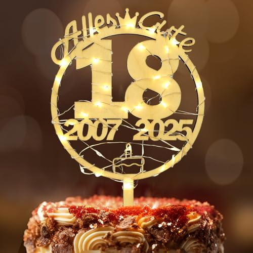 Tortendeko 18 Geburtstag Mädchen Junge, Seutgjie 18. Geburtstag Cake Topper Holz mit LED Lichterkette 2007 bis 2025 Kuchen Deko von Seutgjie