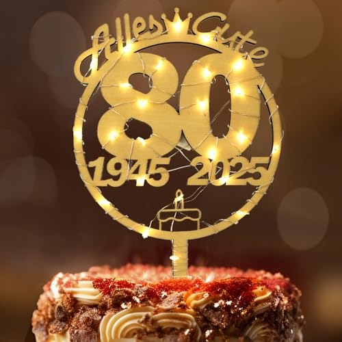 Tortendeko 80 Geburtstag Frau Mann, Seutgjie 80. Geburtstag Cake Topper Holz mit LED Lichterkette 1945 bis 2025 Kuchen Deko von Seutgjie