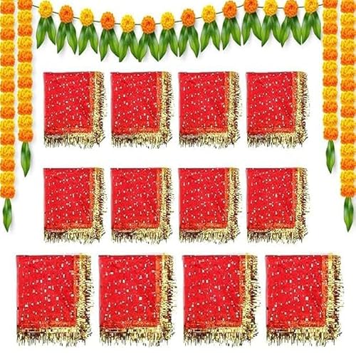 Navratri Spezieller Netzstoff Devi Mata Ki Chunari / Chunri / Border Design Puja Chunni für Kanya Pujan Rot 1 Stück von Seven Chakra Tree