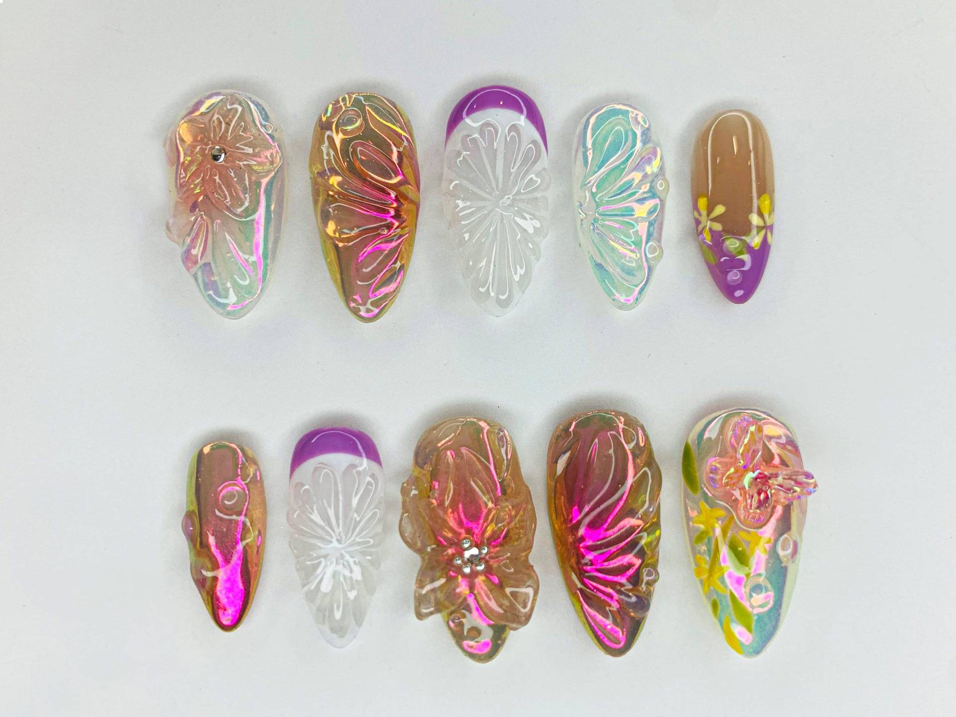 Bunte Blumen Garten Drücken Sie Auf Die Nägel | 3D Blühendes Blumenmuster |Schmetterling & Nail Art|Benutzerdefiniertes Blumendesign |Jc485Sg von SevenNailArt