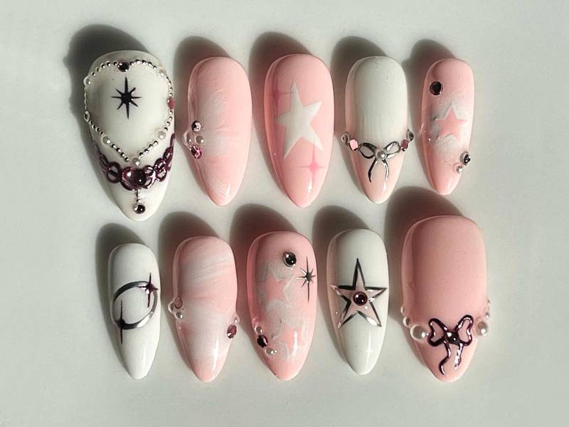 Elegent Pink Drücken Sie Auf Die Nägel | Y2K Press On Nails Mit Perlen Und Stern Heben Sich Hervor 3D Gel Nail Set Niedliche Jc430A von SevenNailArt