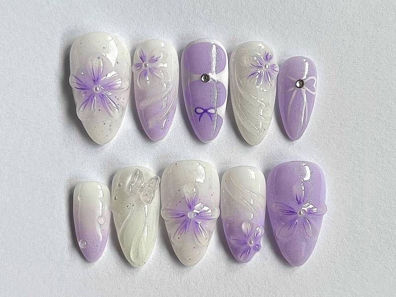 Lavendel Floral Drücken Sie Auf Die Nägel | Lila Ombre Nagel-Set Verträumte Handgemalte 3D Blumen Fairycore Nail Art Perfekt Für Hochzeiten Jc401A von SevenNailArt