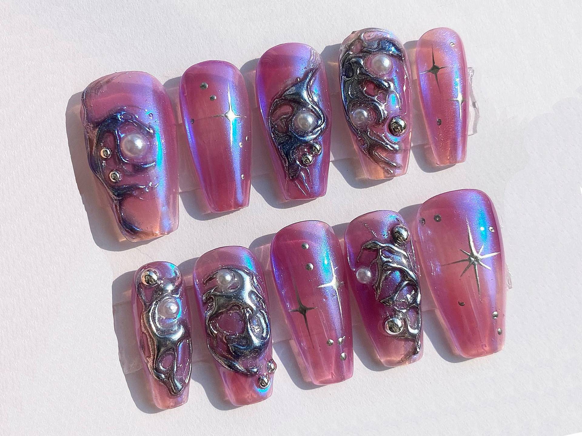 Metallic Chrom Drücken Sie Auf Die Nägel | Mulberry Pink Nagel-Set 3D Silber Gel Nagel Set Acrylnägel Einzigartiges Nageldesign in Fake Nails |Jc145A von SevenNailArt