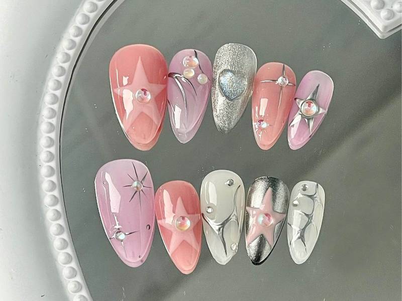 Pink Y2K Nagelset | Drücken Sie Auf Die Nägel Mit Spiegelfinish Und Splitterrosa-Farben 3D Gel X Nagelkunst Geschenk Für Mama Jc299S von SevenNailArt