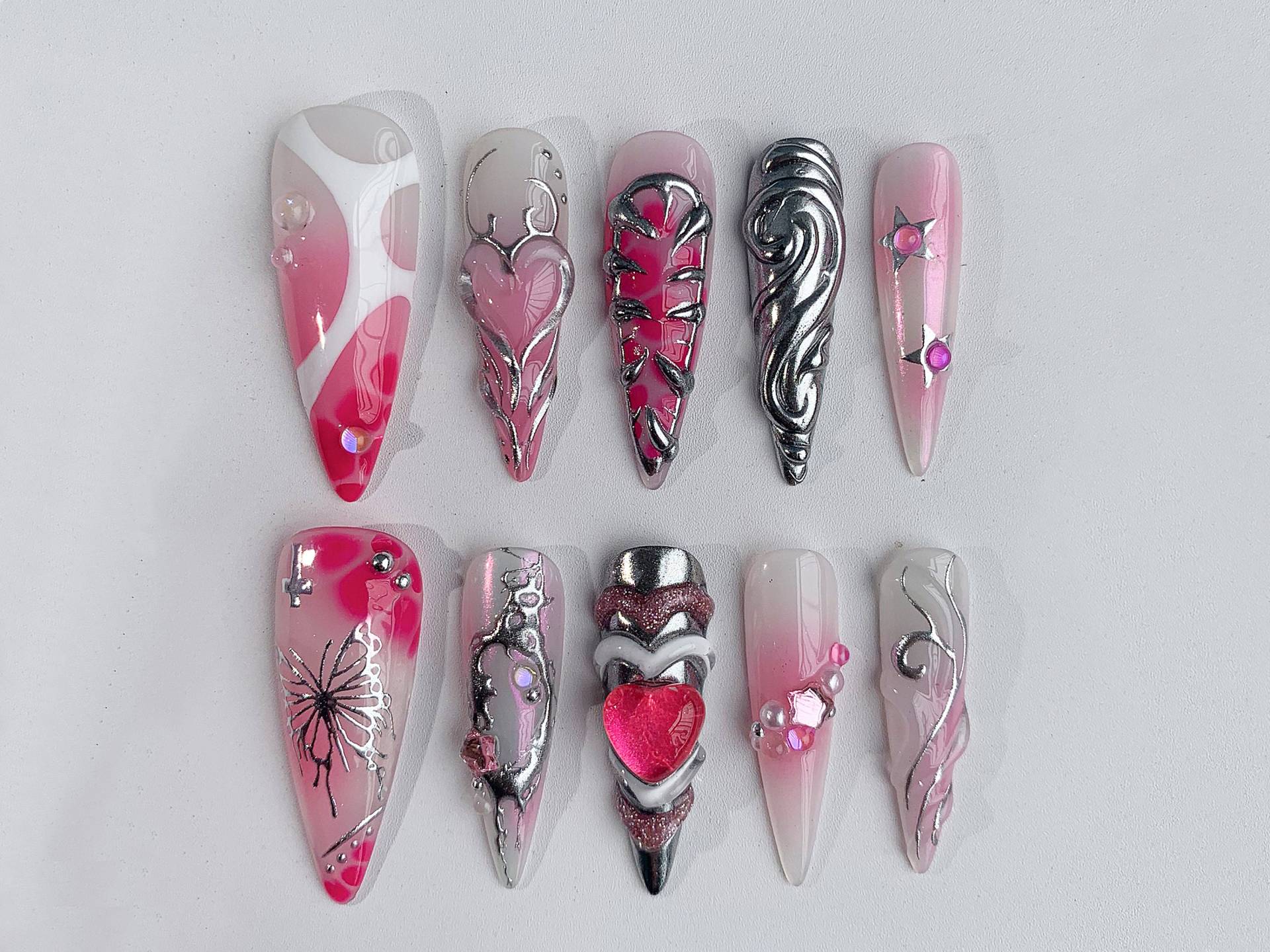 Y2K-Inspirierte Press On Nails | 3D Pink Herz Chrome Cute Valentine Fake Nägel Acryl Und Schmetterling Art Gelxnail Jc106A von SevenNailArt