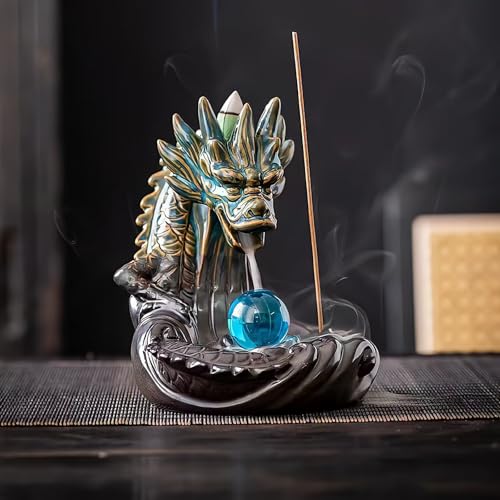 Sevitini Drachen räucherbrunnen,Räucher rückfluss Wasserfall,Dragon backflow Incense Burner,mit 60 räucherkegel Wasserfall+30 räucherstäbchen+1 glasperle,Incense Fountain,für Home Decor (Blau) von Sevitini