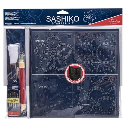 Sew Easy Sashiko Starter Set - 40 x 40 cm Kissenbezug Kit Komplettset mit Faden Stoffvorlagen Bleistift Nadeln von Sew Easy