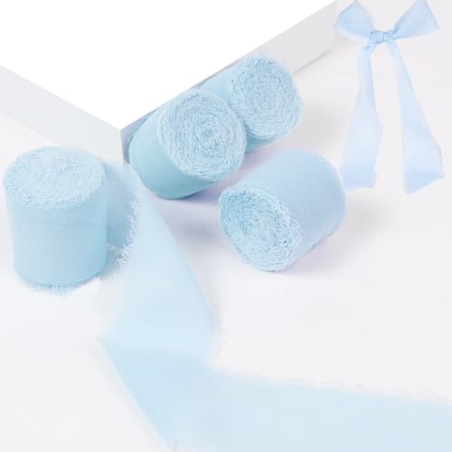 4 Rollen 3.5cm x 5.2m Chiffonband, Chiffon Stoffband Geschenkband, Hochzeit Schleifenband, Hellblau von Sewokon