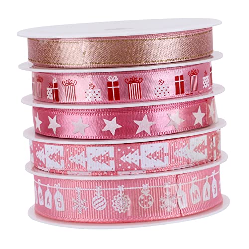 Sewroro 5 Rollen Dekorband weihnachtsdeko geschenkband geschenksband weihnachts deke weihnachtsdeco verdrahtetes Band Weihnachtsband Strassband Ornamentband dekoratives Band Stoff Rosa von Sewroro