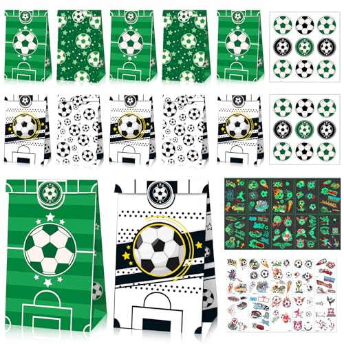 Seyaom 12 Stück Fußball Papiertüten Geburtstagstüten Fussball Party Tüten mit 12 Blätter Tattoo Fussball Geschenke Jungen Weihnachten Halloween Geburtstag Hochzeit Party von Seyaom