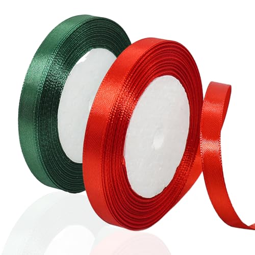 Schleifenband Weihnachten Rot und Grün,2Rollen/44M*1CM Geschenkband Weihnachten Satinband Weihnachtsband Weihnachtsbänder Dekoband Weihnachten für Geschenkverpackung,Weihnachtsbaum Deko,Weihnachtsdeko von Sgehenr