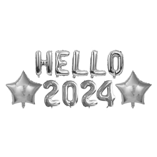 Silvester Deko 2024-16 Zoll Silber Hello 2024 Luftballons Neujahr Deko 2024 Helium Ballons 2024 Zahlenballon Banner Silvester Party Deko für Neujahr Happy New Year Deko 2024 Dekorationen von Sgehenr