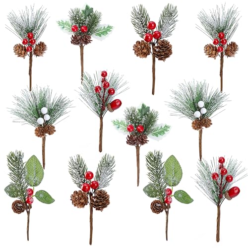 Sggvecsy Künstliche Weihnachtsspieße, 6 Arten, schneegefrostet, verschiedene rot-weiße Beerenspieße, Stiel, künstliche Tannenzapfen und Spray mit Tannenzapfen für Blumenarrangement, Kranz, von Sggvecsy