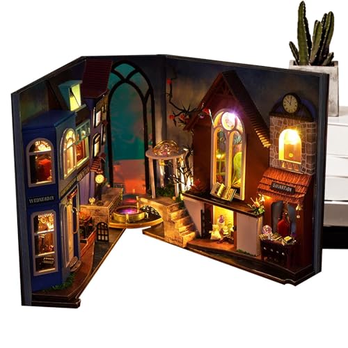 Sghtil Magische Buchecke, Basteln, Buchecken-Set, Buchecke, Bücherregal, 3D-Puzzle-Einsatz – Dekorative Buchstützen mit LED-Licht, kleines Haus für die Dekoration des Heimbüros von Sghtil