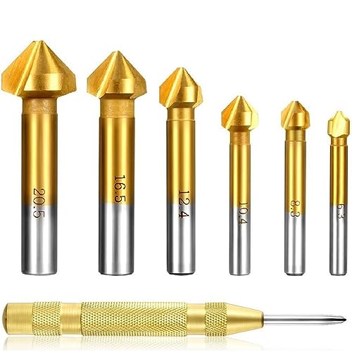 Shallho 6 tlg 90°Kegelsenker Satz HSS Senker Set, Titan-Beschichtungen Ø 6,3-20,5 mm Senkbohrer mit 1 Stück Messing Automatische Center Bohrer Punch von Shallho