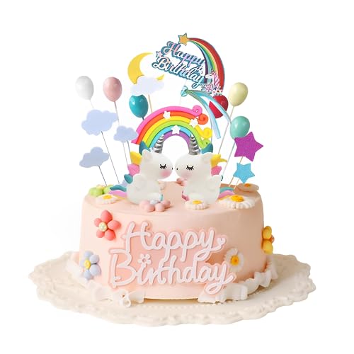 Einhorn Tortendekoration,Einhorn Kuchen Topper Happy Birthday,Einhorn Regenbogen Tortendeko Happy Birthday Topper Kuchen Aufsätze für Kinder Mädchen Junge von Shalwinn