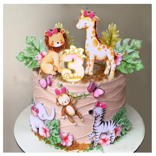 22Stk Tortendeko Dreijährige, Geburtstag, Cake Topper Zoo Tortendeko Wald Tiere Kuchendeko Tiere Happy Birthday Tortendeko, Safari Zoo Dschungel Tortendeko, Torten Deko für 3 Jahr Mädchen Junge von Shamoparty