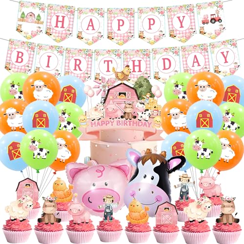 34Stk Rosa Bauernhof Tier Party Dekoration Set, Bauernhof Tier Kuchen Dekorationen, Happy Birthday Banner, Tier Party Ballons, Jungen und Mädchen Party Dekoration Zubehör von Shamoparty