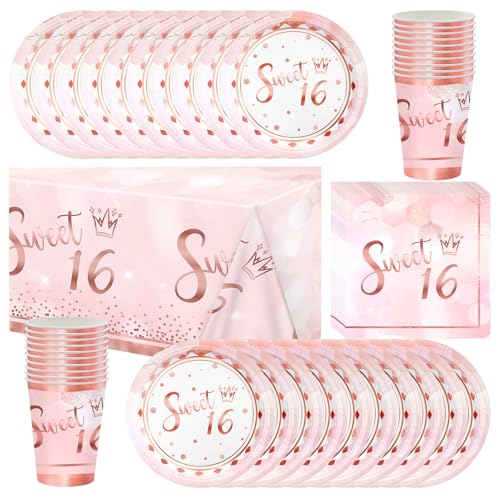 61 Stück Rose Gold 16. Geburtstag Party Geschirr, Mädchen Prinzessin Party Geschirr, enthält Papier Tassen, Servietten, Pappteller und Tischdecken für 20 Personen Geburtstag Party Set von Shamoparty