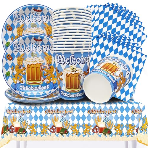 61Stk Oktoberfest Partygeschirr Set,Blau und Weiß Karierte Bayrische Oktoberfest Party Deko Pappteller Becher Servietten Tischdecke Banner von Shamoparty