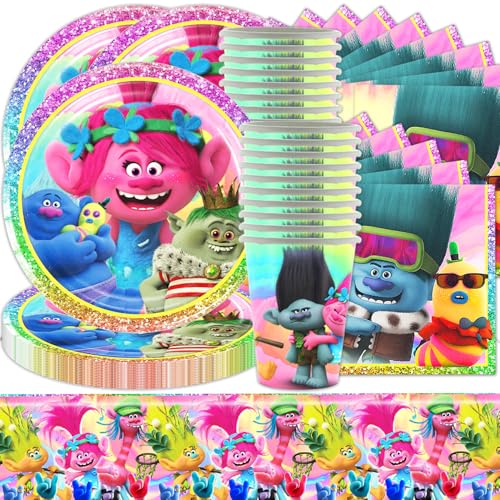 61Stk Troll Elf Partygeschirr, Kindergeburtstag Party Dekorationen, Jungen Mädchen Party Supplies, Troll Elf Geschirr umfasst Papier Teller Papier Servietten Papier Tassen Tischdecken für 20 Personen von Shamoparty