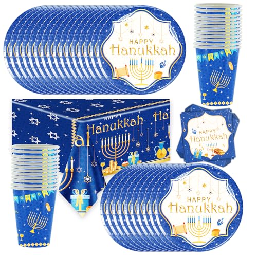 73Pcs Chanukka Partygeschirr, Chanukka Party Set,Partygeschirr Supplies Serves 24 Guests,Chanukka Dekorationen Happy[9-Zoll Teller, Servietten, Tassen, Tischdecke] von Shamoparty