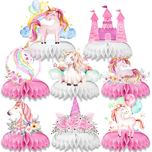 8Stk Magisches Einhorn Honeycomb Ornament,Rosa Serie Tischaufsätze aus Papier, Mädchen Geburtstag Thema Party Tischdeko DIY Papierblume von Shamoparty