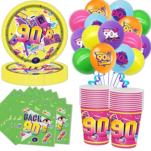 90er Party Geschirr, Shamoparty 78 Stk 90er Party Dekoration, Inkl 90er Party ballon, 9 Zoll-Teller, Pappbecher, Servietten,für 90er Party Supplies von Shamoparty