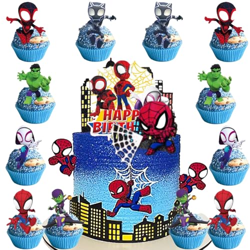 Jungen Thema Kuchen Dekorationen, 19 Stück 1 Happy Birthday Kuchentopper, 12 Cupcake-Topper, 1 Hausumrandung, 1 Hausflagge und 4 Spiderman-Dekorationen von Shamoparty