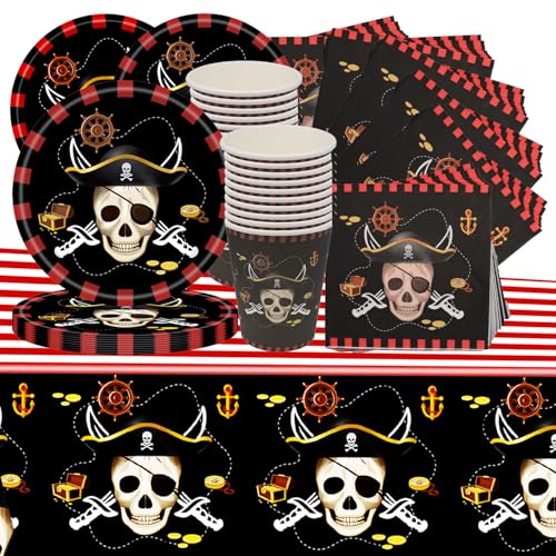 Pirate Skull Theme Party Geschirr, Geburtstag Urlaub Party Dekoration Geschirr Umfasst Teller, Tassen, Papierservietten, Tischdecken Insgesamt 61 Stück Für 20 Personen Partei. von Shamoparty