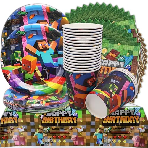 Spiel Partyzubehör Set, 61Pcs KinderspielPartygeschirr, Gaming Thema Geburtstag Partygeschirr Dekoration,Serviert 20 Gäste für Tischdekoration Geburtstag Spielthema Party von Shamoparty