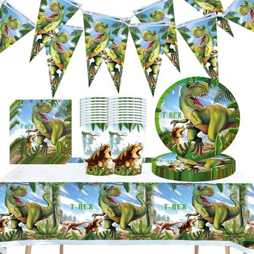 Tyrannosaurus Rex Dinosaurier Jurassic Themed Kindergeburtstag Partygeschirr 71 Stück Pappbecher, Teller, Tischdecken, Papierservietten, Dreieckige Flagge, Für Jungen Motto Party von Shamoparty