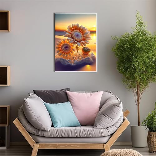 5D Diamond Painting Kit, Sonnenblume Sonnenuntergang Diamant Painting Bilder, DIY Diamond Art Kristall Strass Kreuzstich Stickerei Kits für Erwachsene Kinder Geschenke Wand Deko Round Drill 30x40cm von ShangShengzi